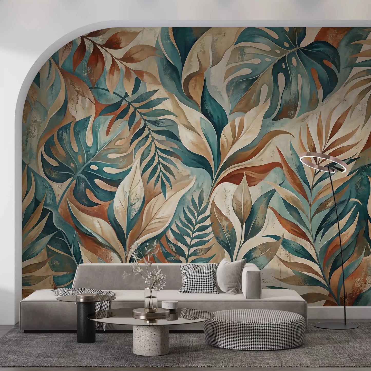 Warm beige backdrop carries faded paint marks under this tropical foliage wall muralGD9567