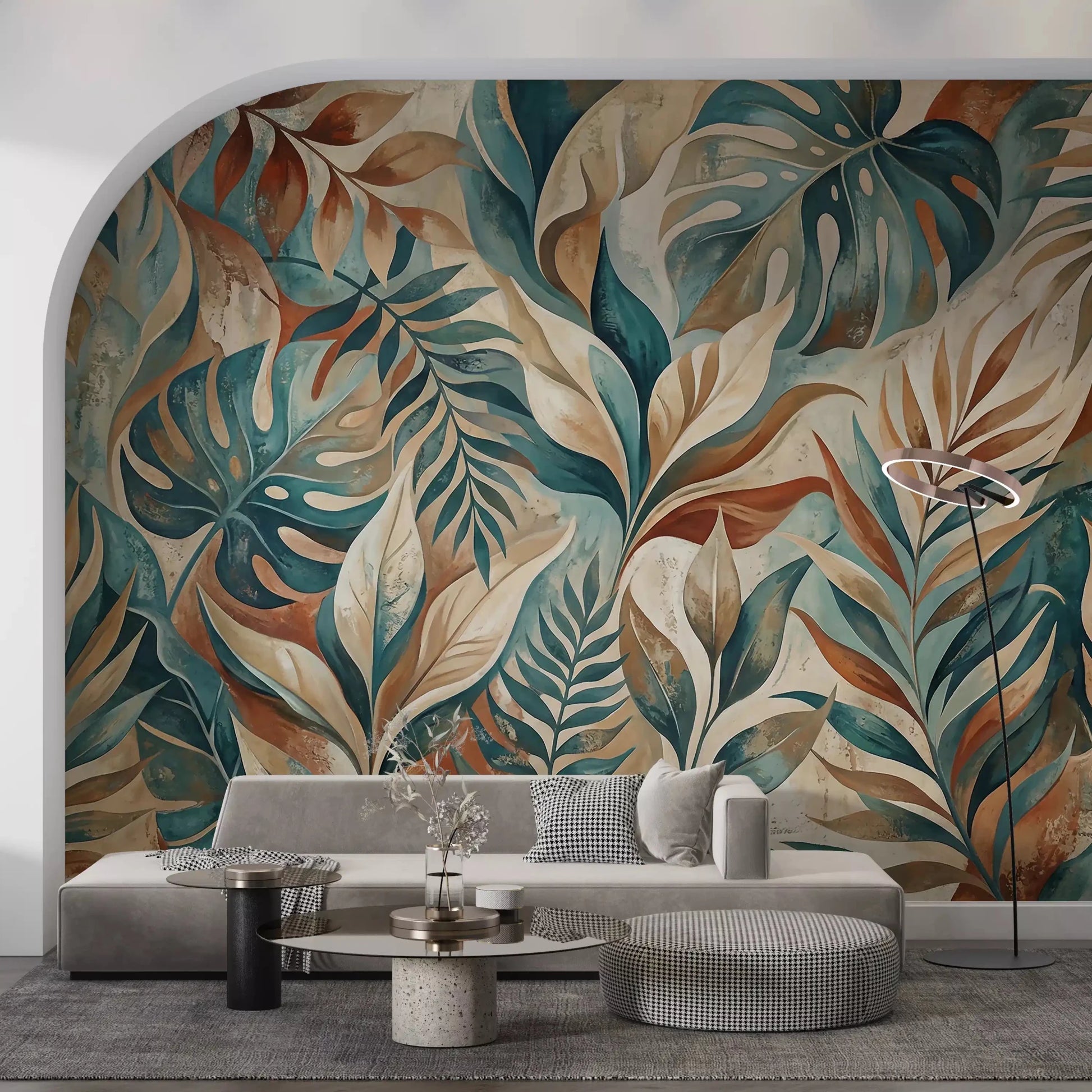 Warm beige backdrop carries faded paint marks under this tropical foliage wall muralGD9567