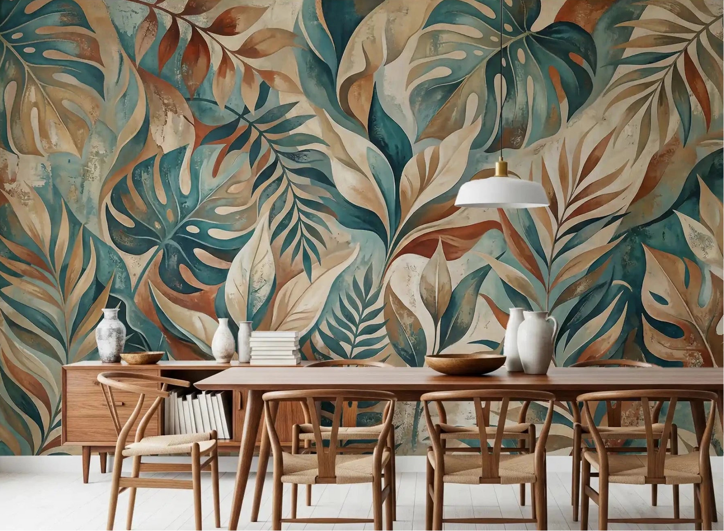 Dining room warms up with teal and rust on this Painterly Tropical wall mural
GD9567