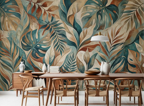 Dining room warms up with teal and rust on this Painterly Tropical wall mural
GD9567