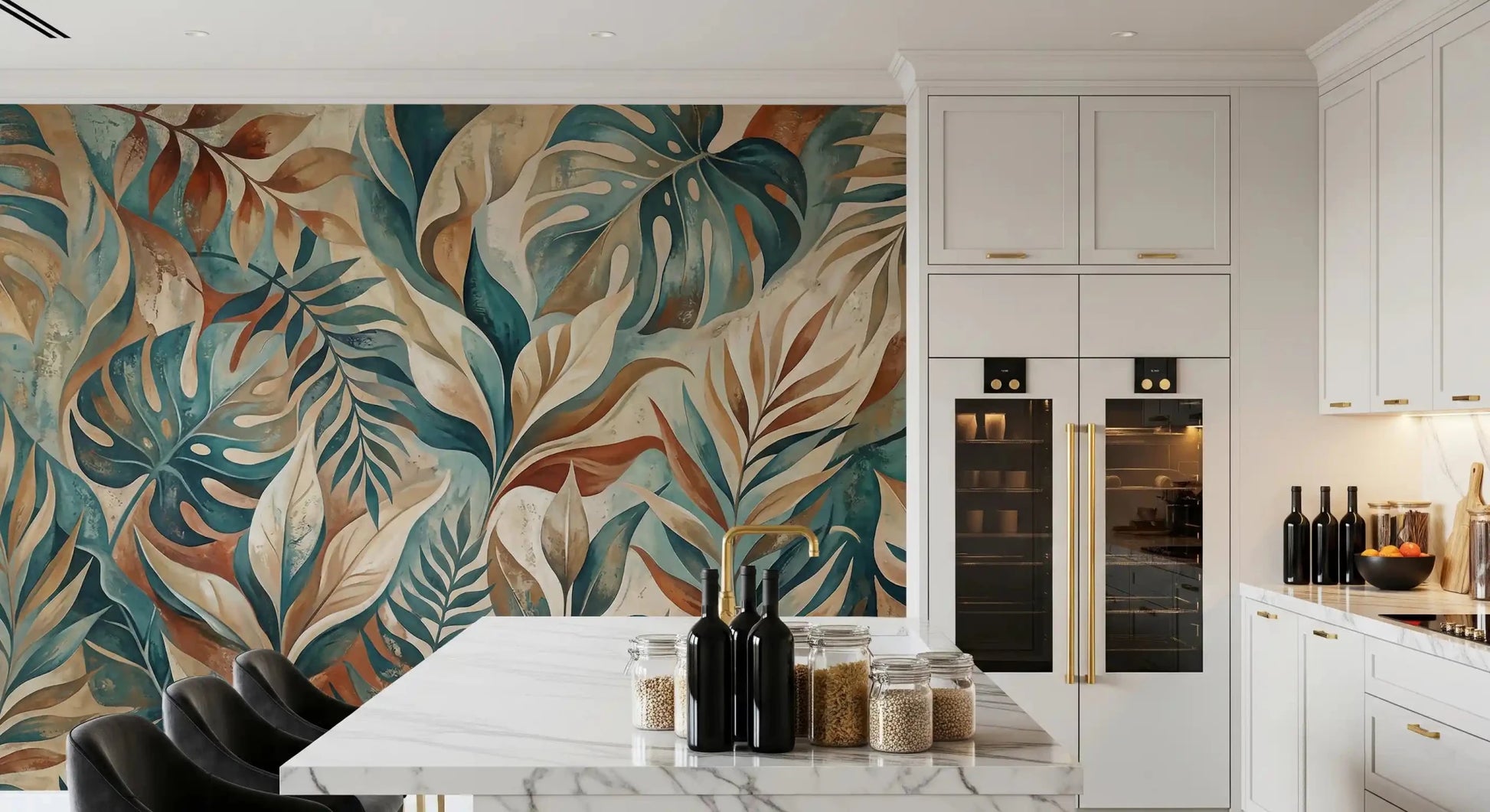 Brushed teal palms and monstera leaves layer across the Painterly Tropical wall muralGD9567