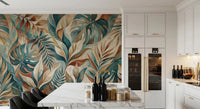 Brushed teal palms and monstera leaves layer across the Painterly Tropical wall muralGD9567
