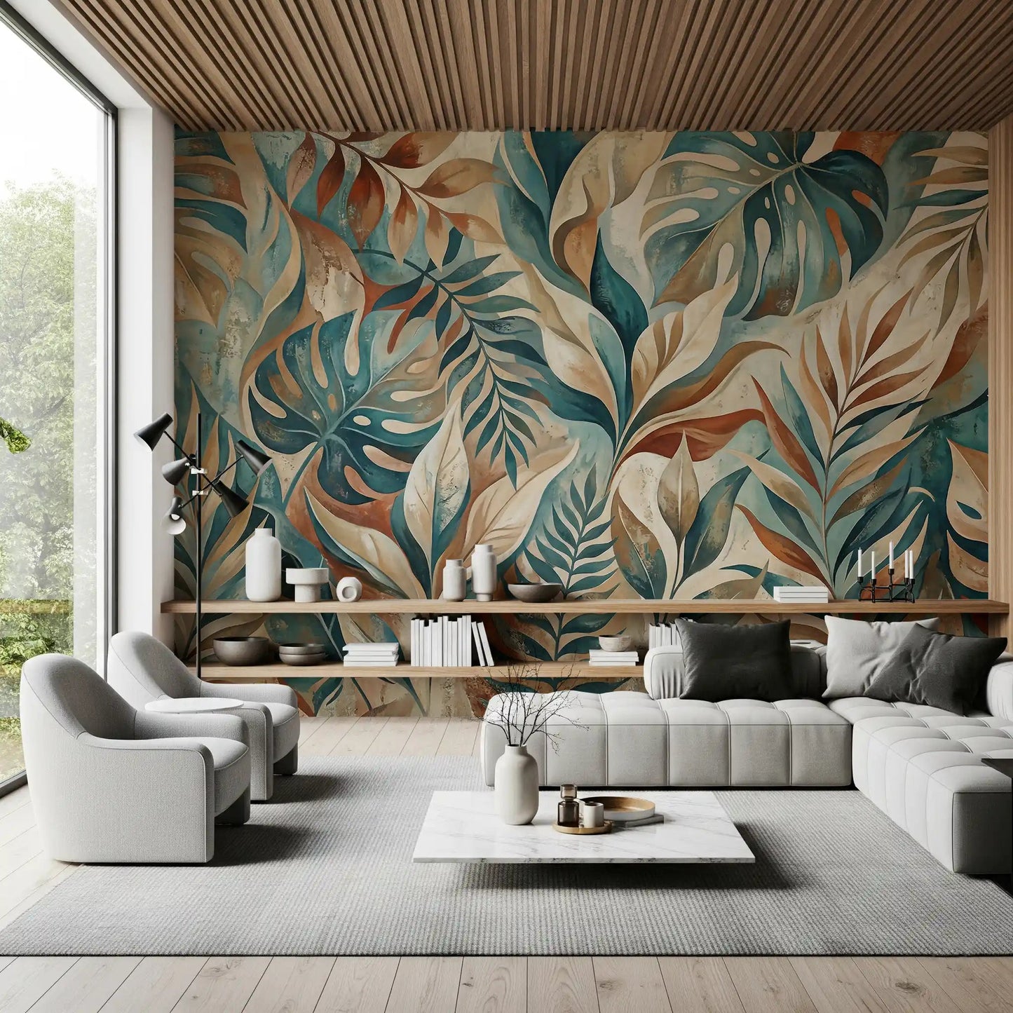 Living room takes a bohemian turn against the Painterly Tropical wall mural
GD9567