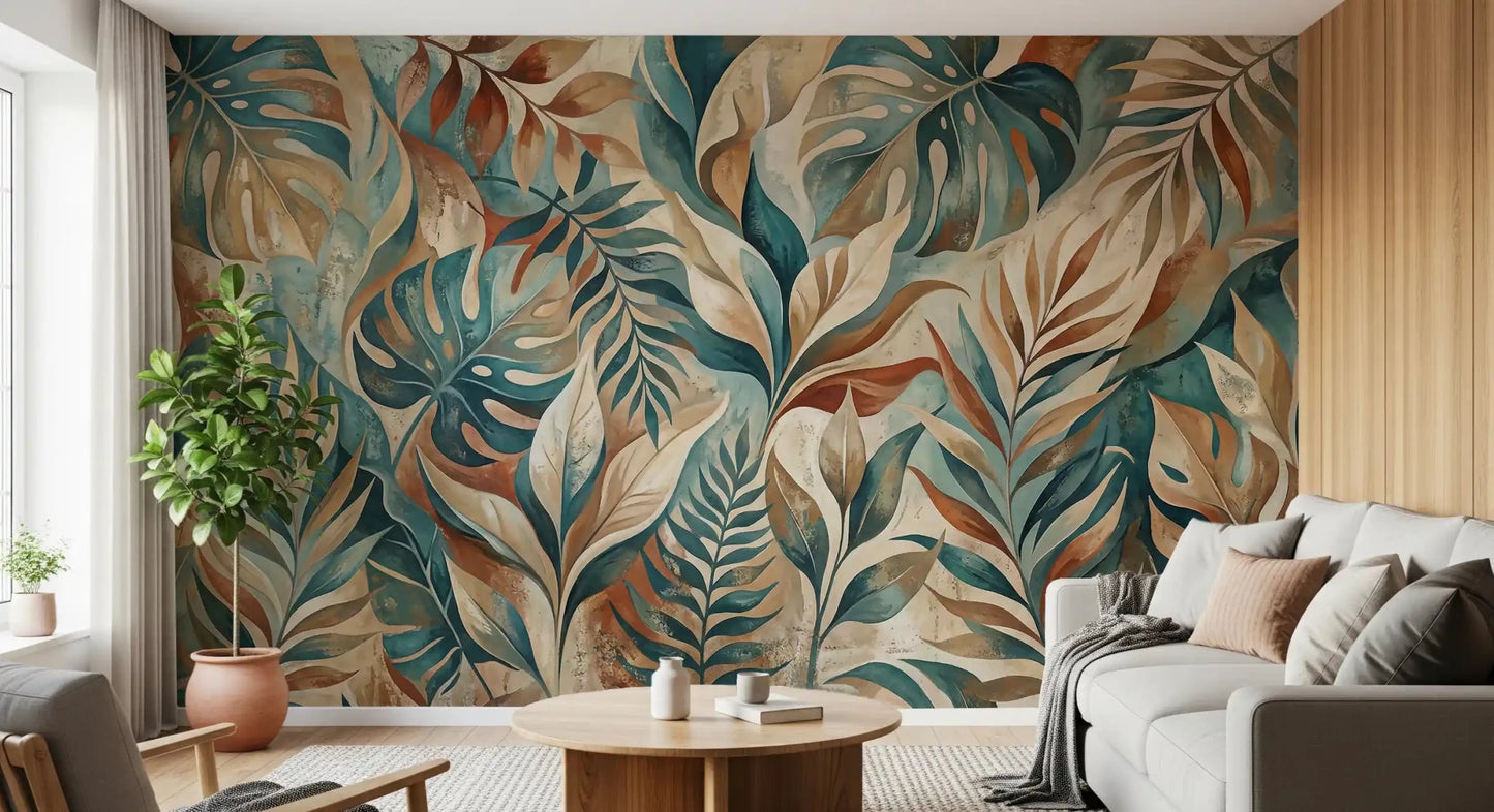 Open living area gathers warmth from the painterly tropical wall muralGD9567