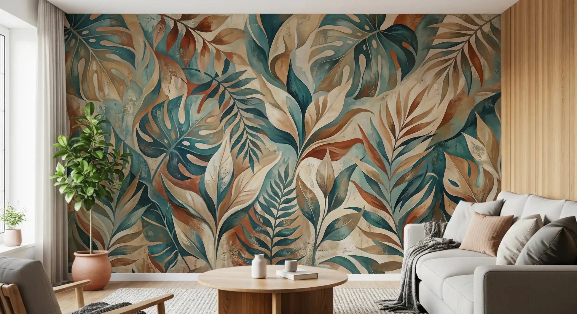 Open living area gathers warmth from the painterly tropical wall muralGD9567