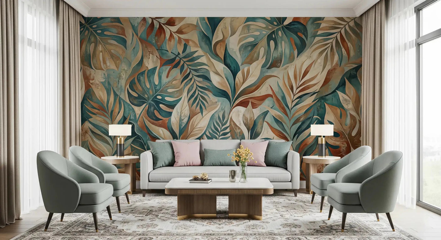 Cool teals balance terracotta rust tones across the painterly wall mural
GD9567