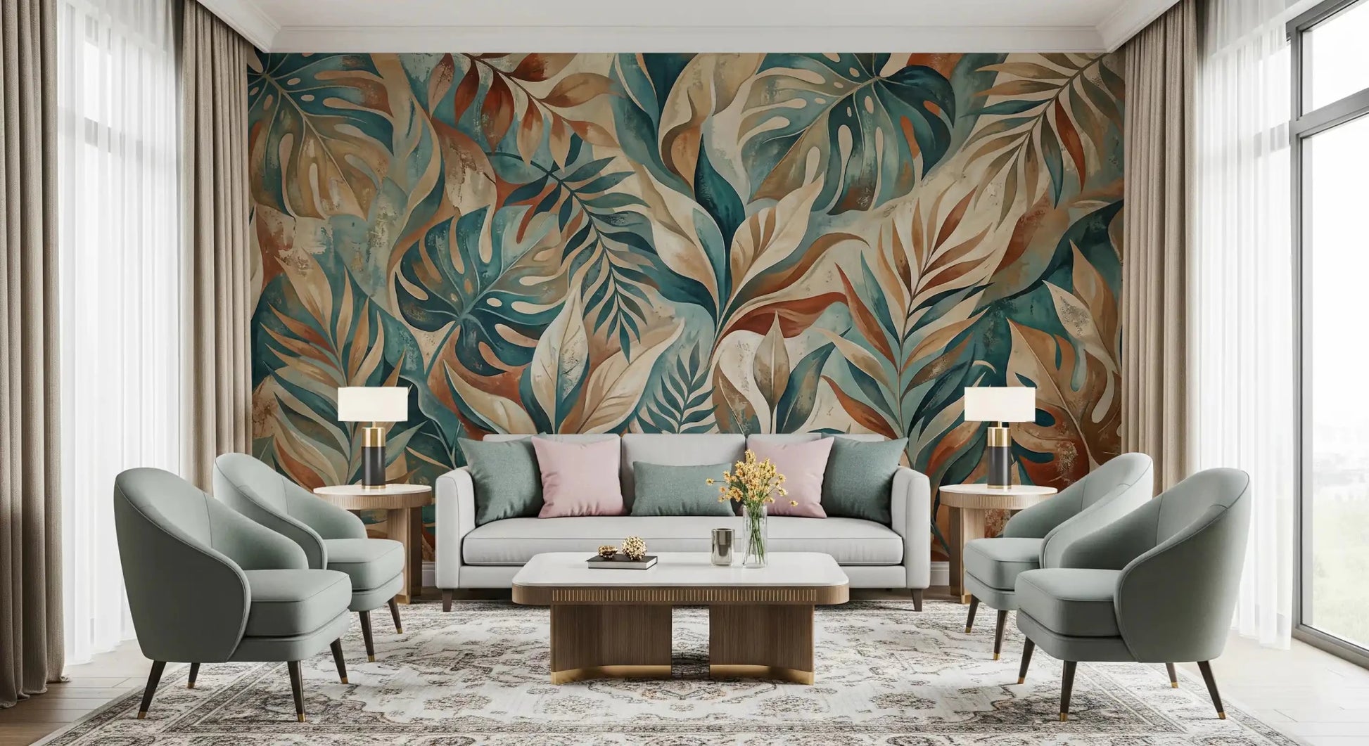 Cool teals balance terracotta rust tones across the painterly wall mural
GD9567