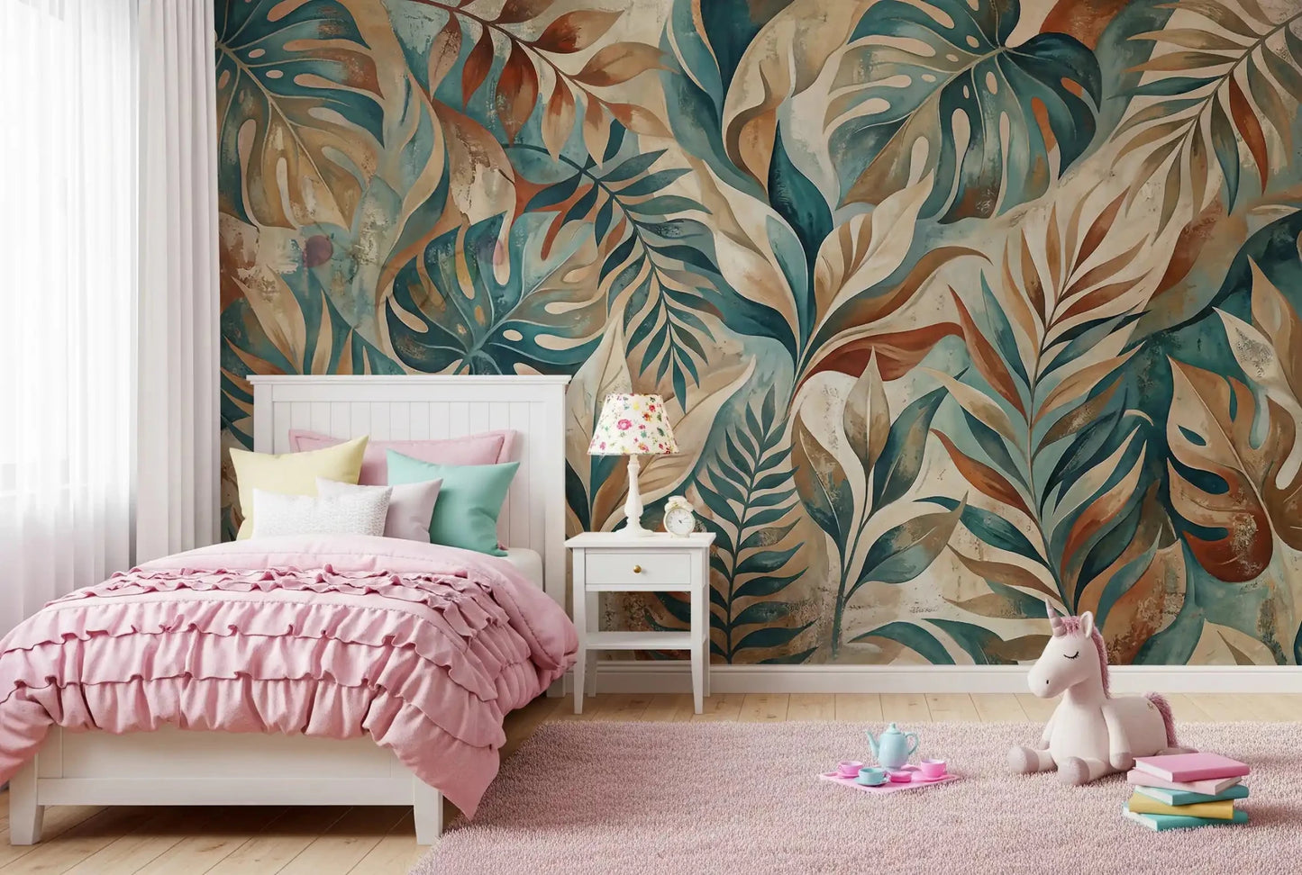 Kids room comes alive beside the brushy tropical foliage wall mural
GD9567