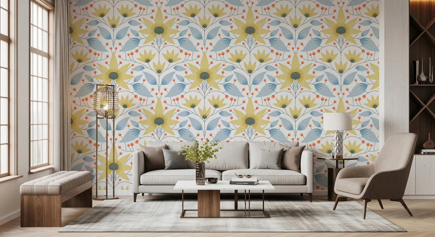 Symmetrical floral wall mural with sage green leaves for a living room