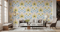 Symmetrical floral wall mural with sage green leaves for a living room