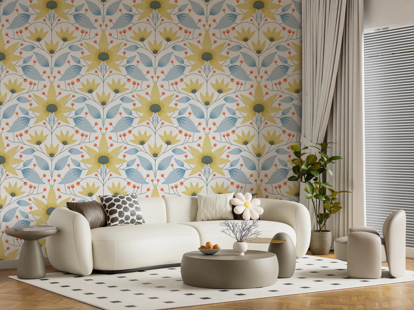 Pale Bloom Symphony Wallpaper with muted pink flowers for bedroom walls