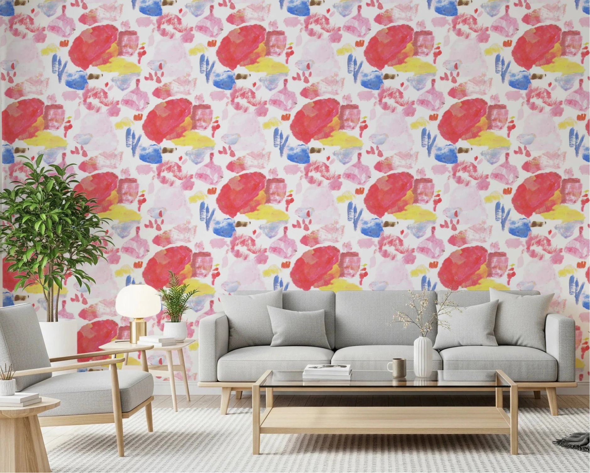 Palette of Bright Colorful Brushstrokes Wallpaper brightens this sofa-led living room, GD8145