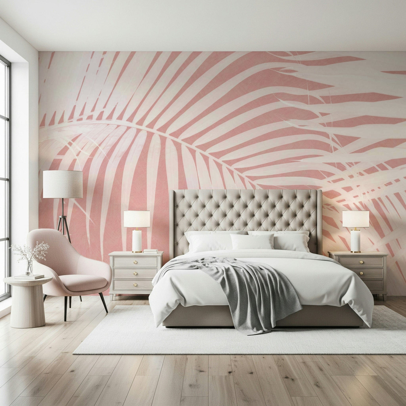 A beautiful palm leaf wallpaper mural in blush pink and green.