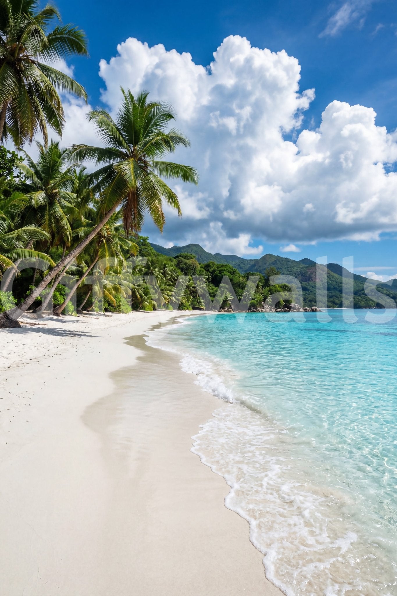 Relaxed tropical styling appears in Palm-Fringed Serenity wall mural design