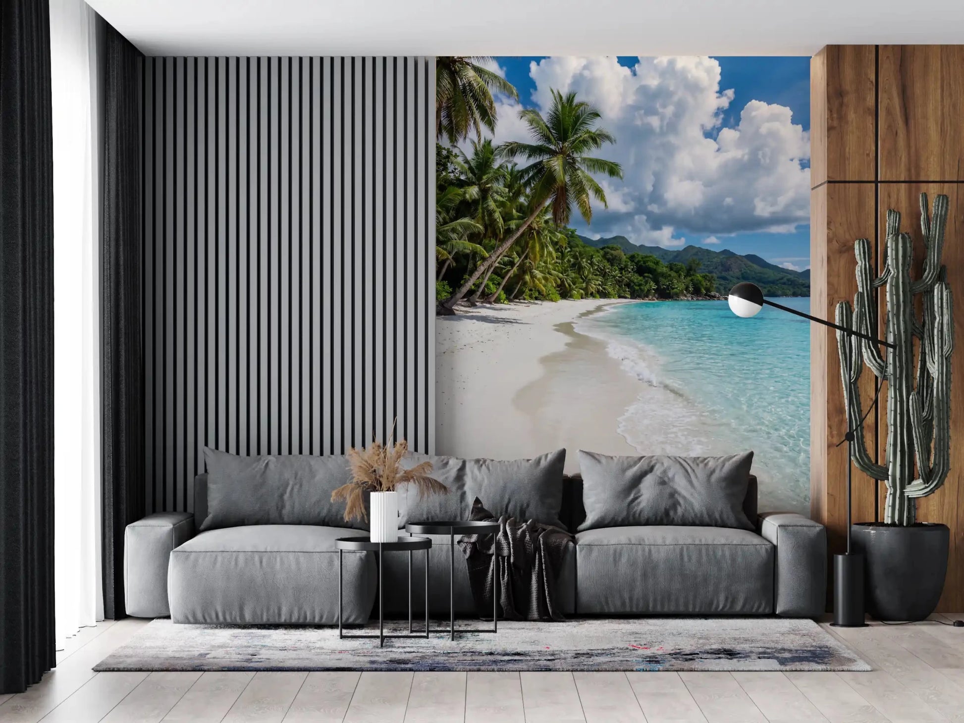 Coastal wall mural with clear sea water and palm-lined shore detail
