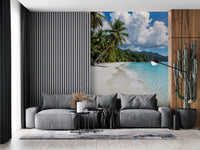 Coastal wall mural with clear sea water and palm-lined shore detail