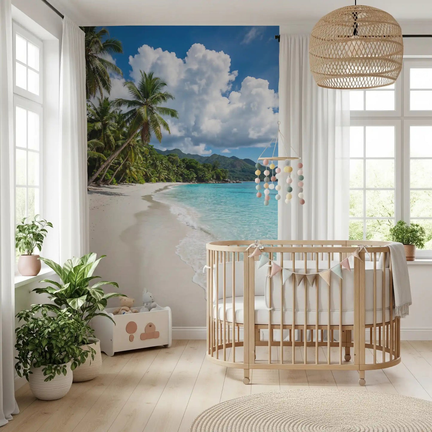 Palm-Fringed Serenity wall mural with sunny beach depth and soft wave edge