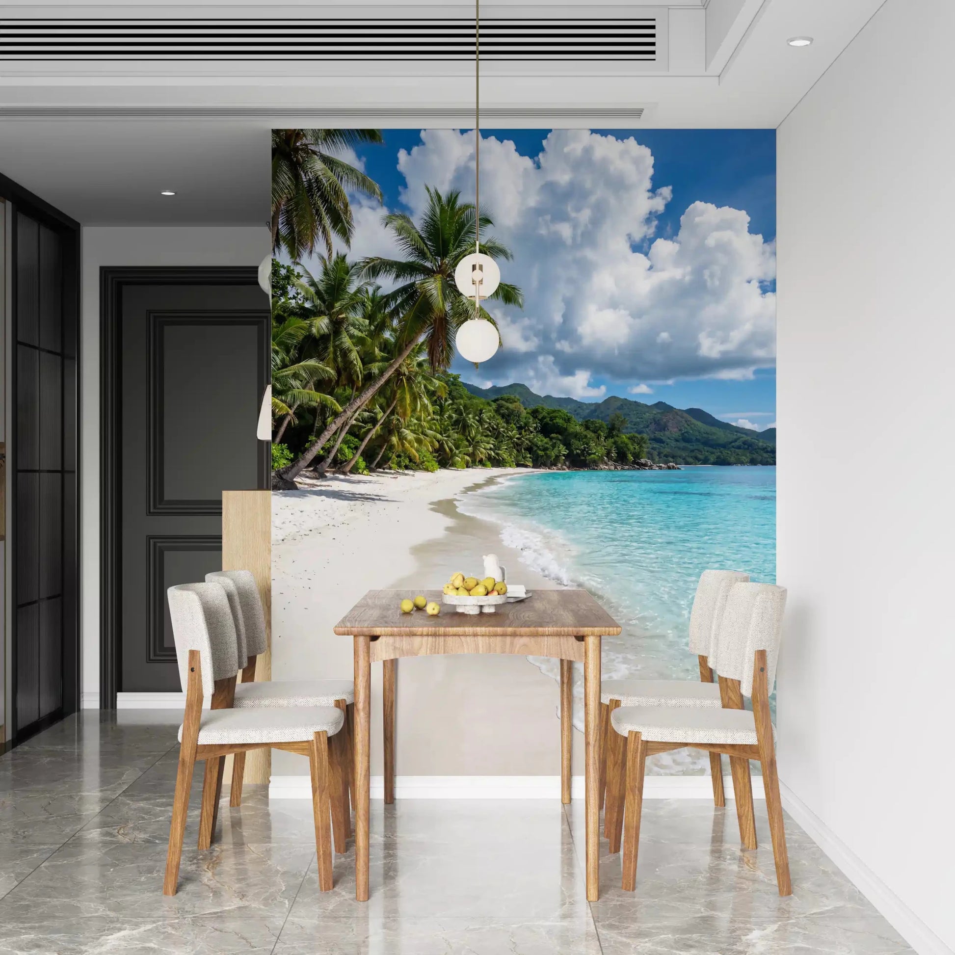 Tropical beach wall mural showing Palm-Fringed Serenity in bright coastal tones