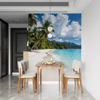 Tropical beach wall mural showing Palm-Fringed Serenity in bright coastal tones