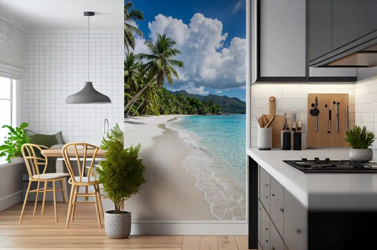 Palm-Fringed Serenity wall mural with turquoise water and leaning palm trees