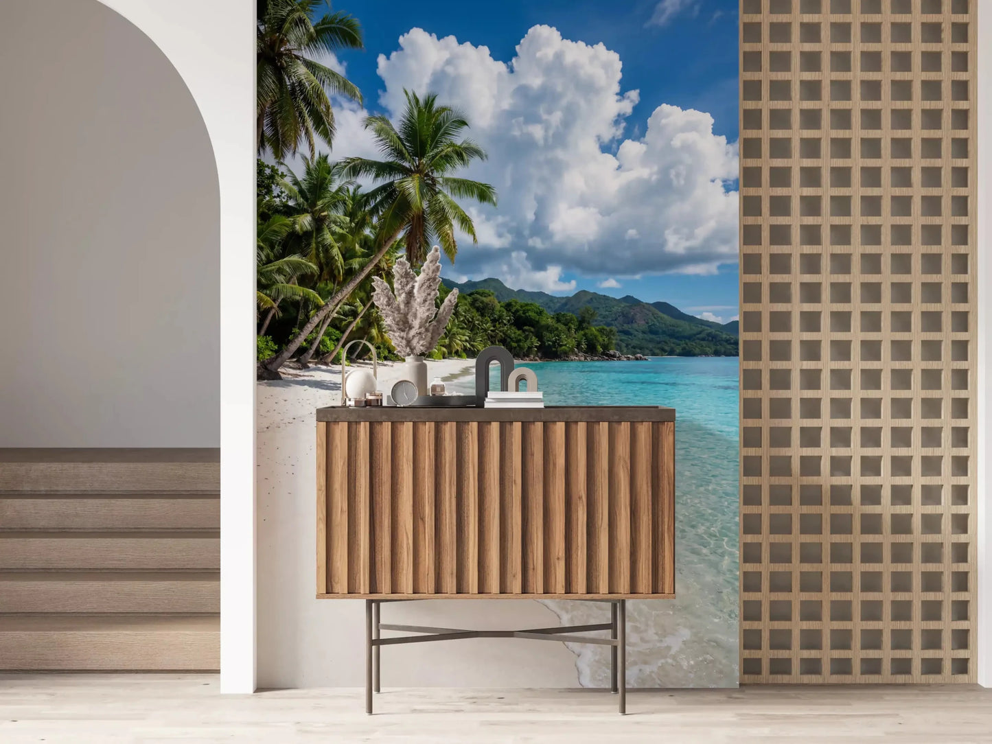 Palm-Fringed Serenity wall mural creates a light beach-inspired scenic surface