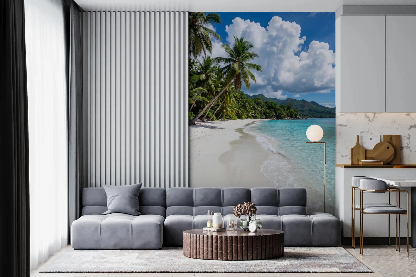 Living room with Palm-Fringed Serenity wall mural and bright tropical shoreline