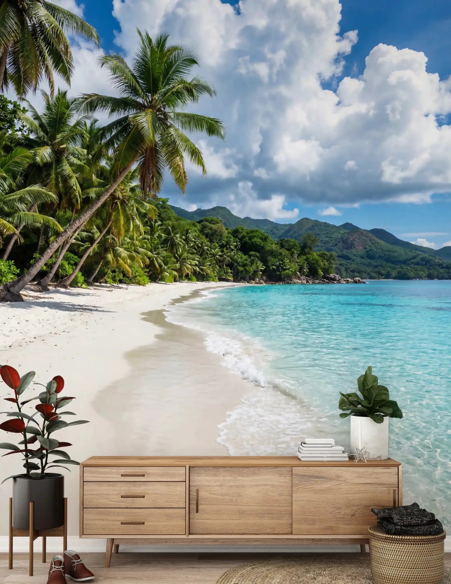 Room styled in Palm-Fringed Serenity wall mural with palms and blue sea