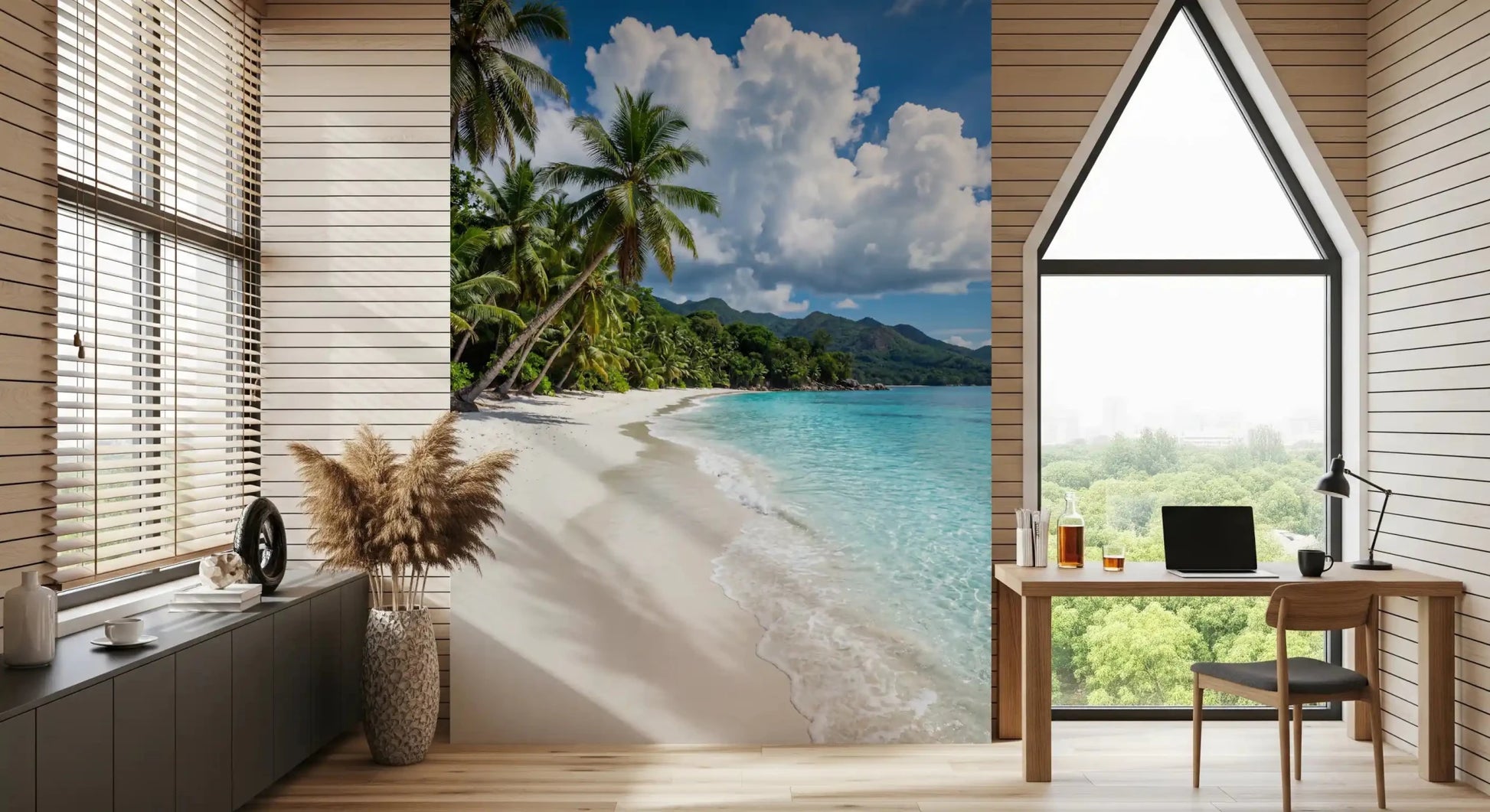 Office wall with Palm-Fringed Serenity wall mural and calm coastal scenery