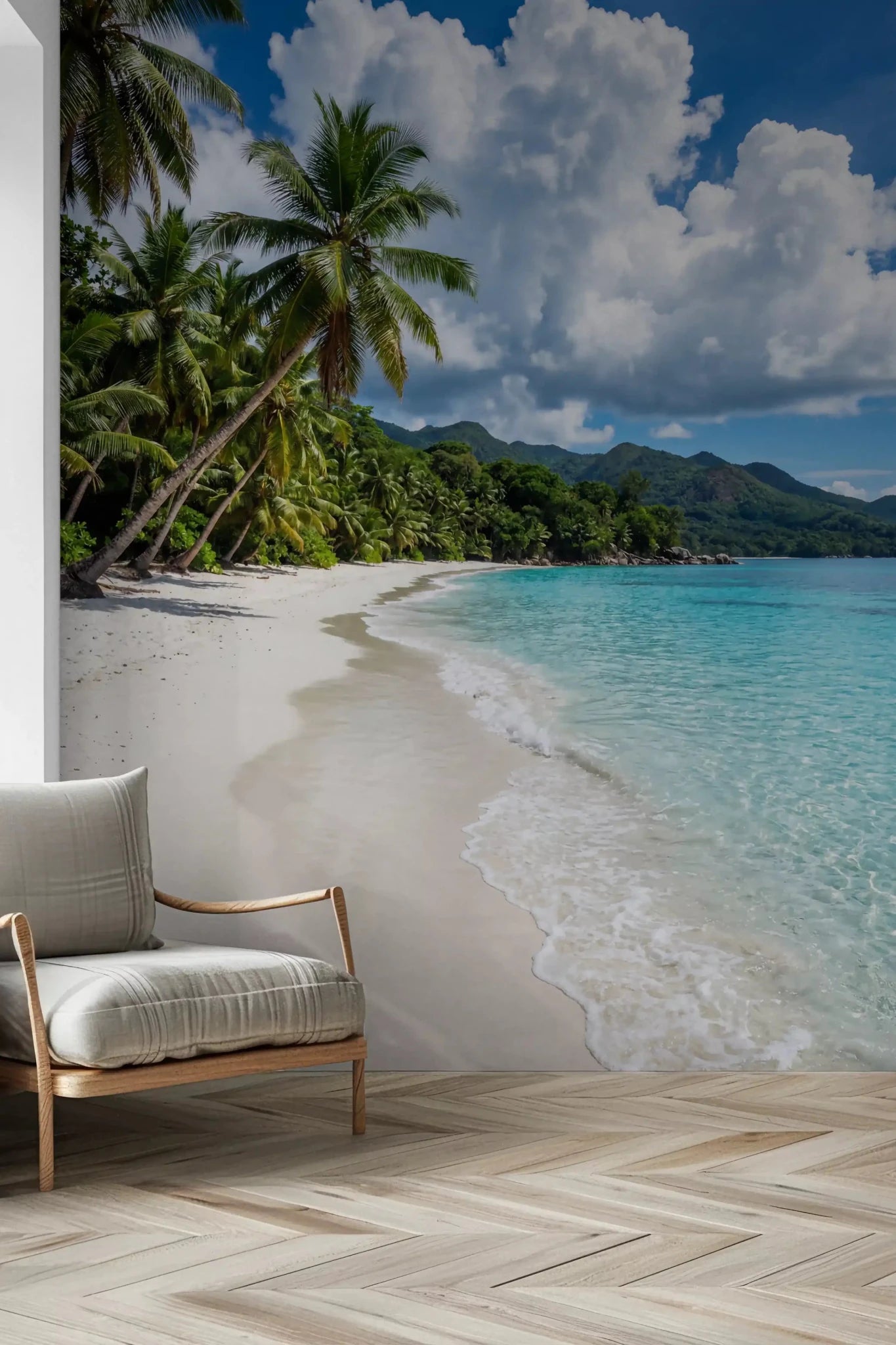 White sand and blue sky define the Palm-Fringed Serenity wall mural