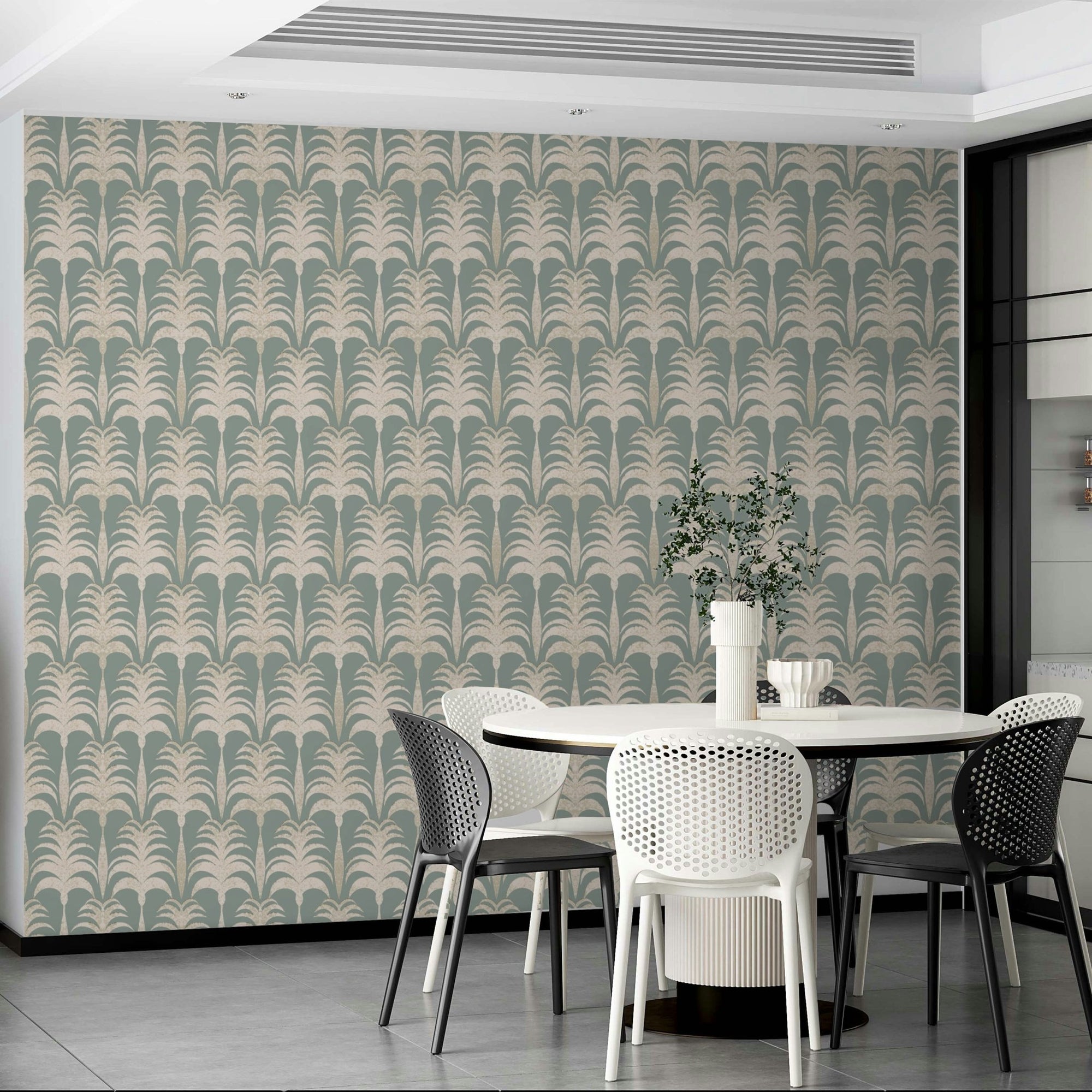 Palm Frond Echo Wallpaper with sage green tropical leaf pattern GD5085