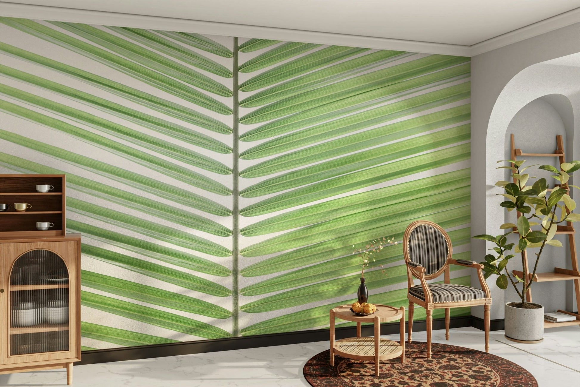 Light palm leaf wallpaper for calm interiors

