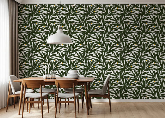 Dining room with Palm Fronds & Fruit Citrus Grove Wallpaper