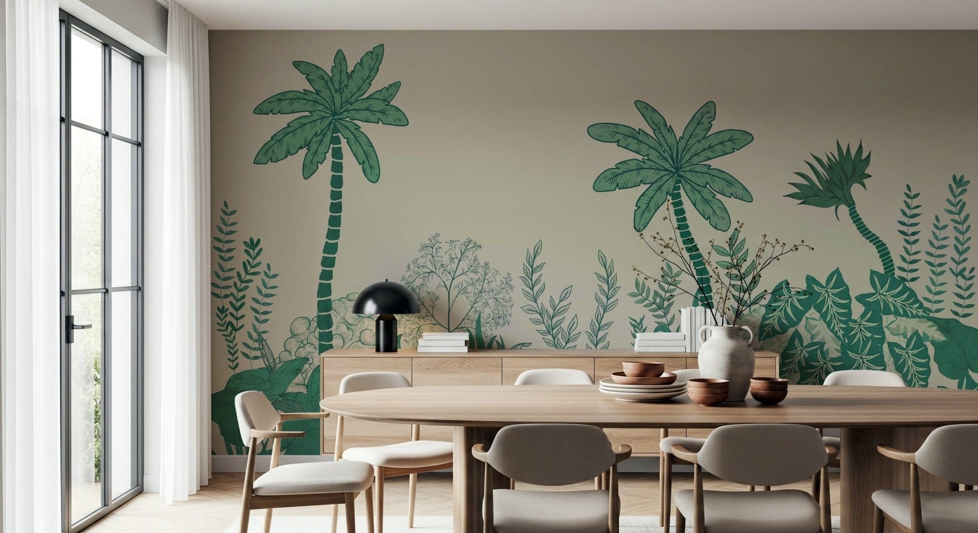 Palm Grove Dreams wall mural with muted earthy tones in a lounge.