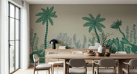 Palm Grove Dreams wall mural with muted earthy tones in a lounge.