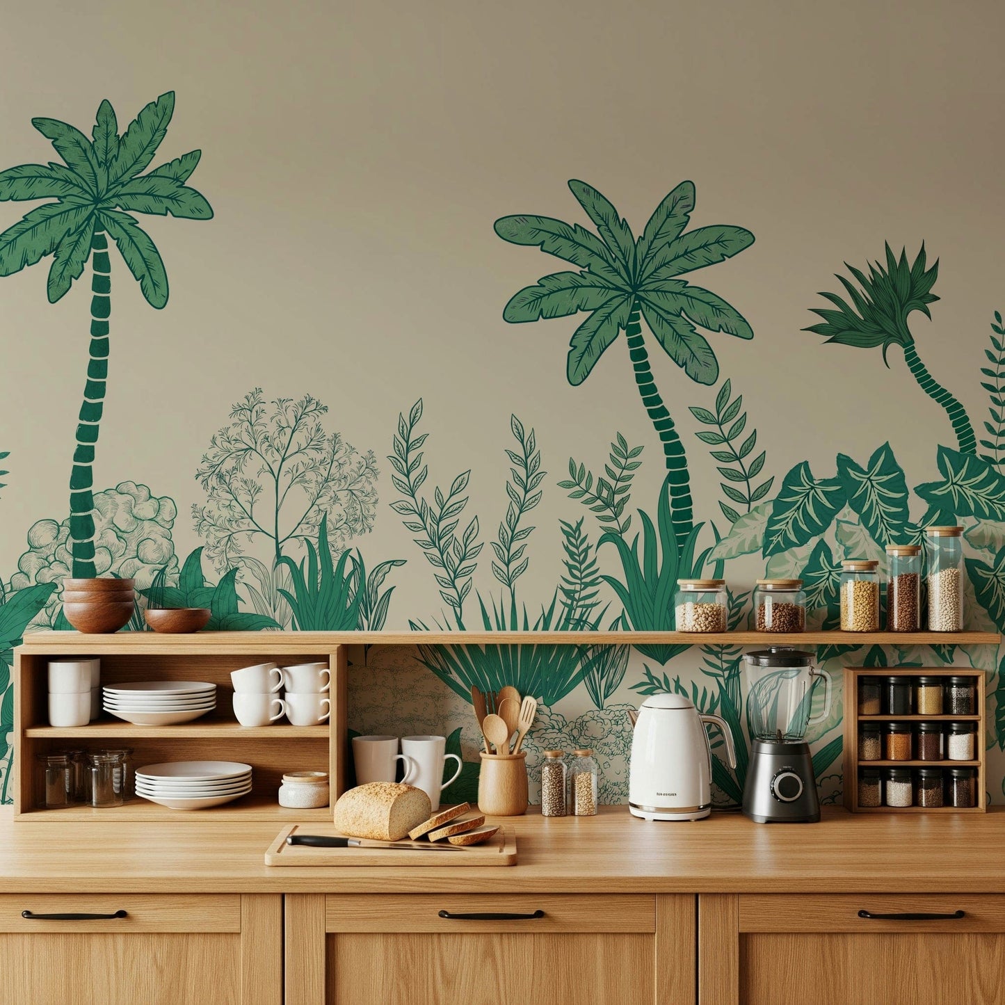 Palm Grove Dreams wall mural with tropical palm fronds in a bedroom.
