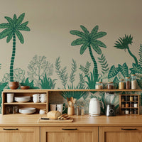 Palm Grove Dreams wall mural with tropical palm fronds in a bedroom.