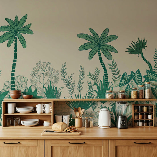 Palm Grove Dreams wall mural with tropical palm fronds in a bedroom., GD7599