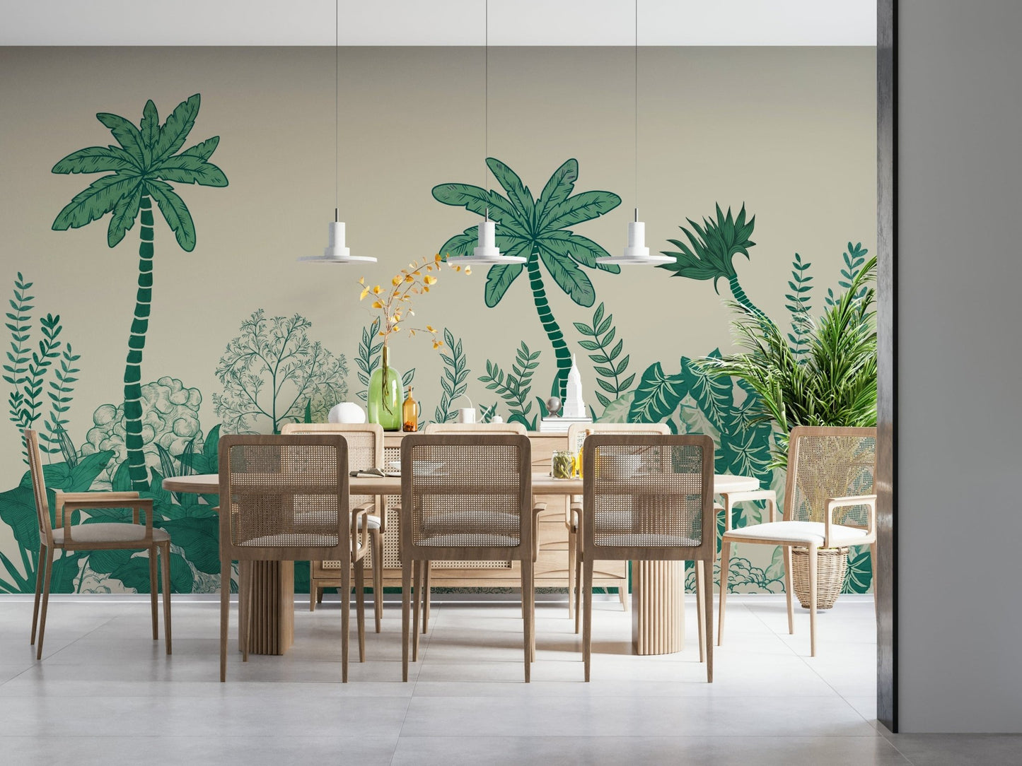 Palm Grove Dreams wall mural showcasing botanical silhouettes in an office.
