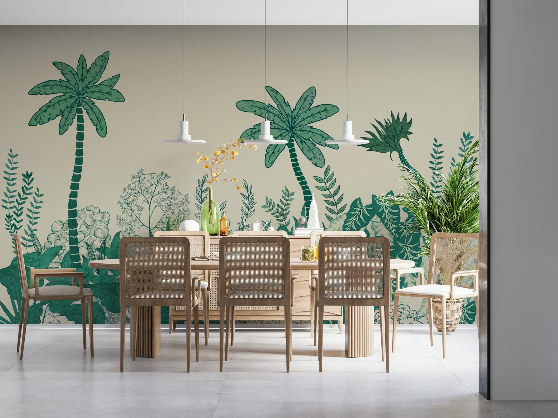 Palm Grove Dreams wall mural showcasing botanical silhouettes in an office.