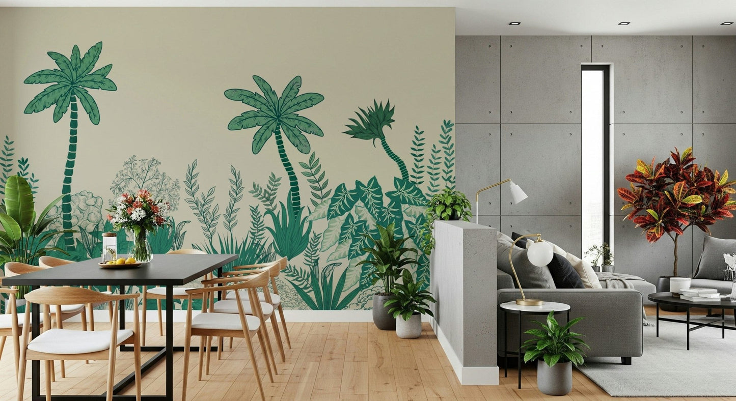 Large scale Palm Grove Dreams wall mural in a bright dining area.
