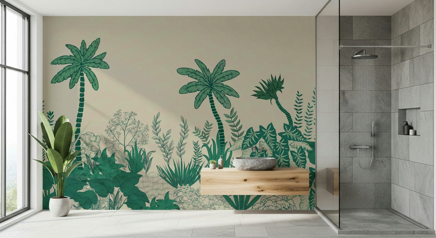 Minimalist nursery featuring a light Palm Grove Dreams wallpaper.