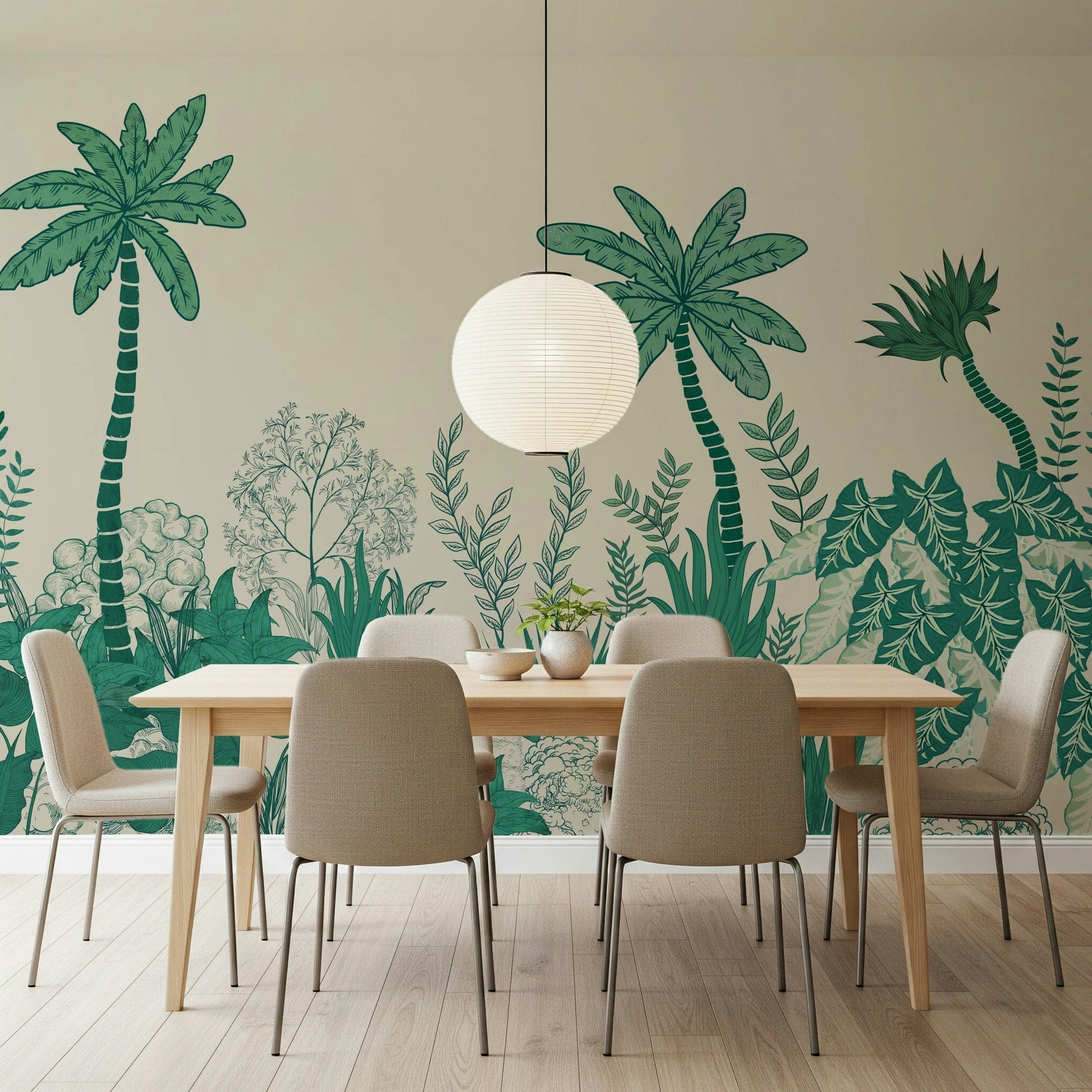 Modern living space featuring a soft green Palm Grove Dreams wallpaper.