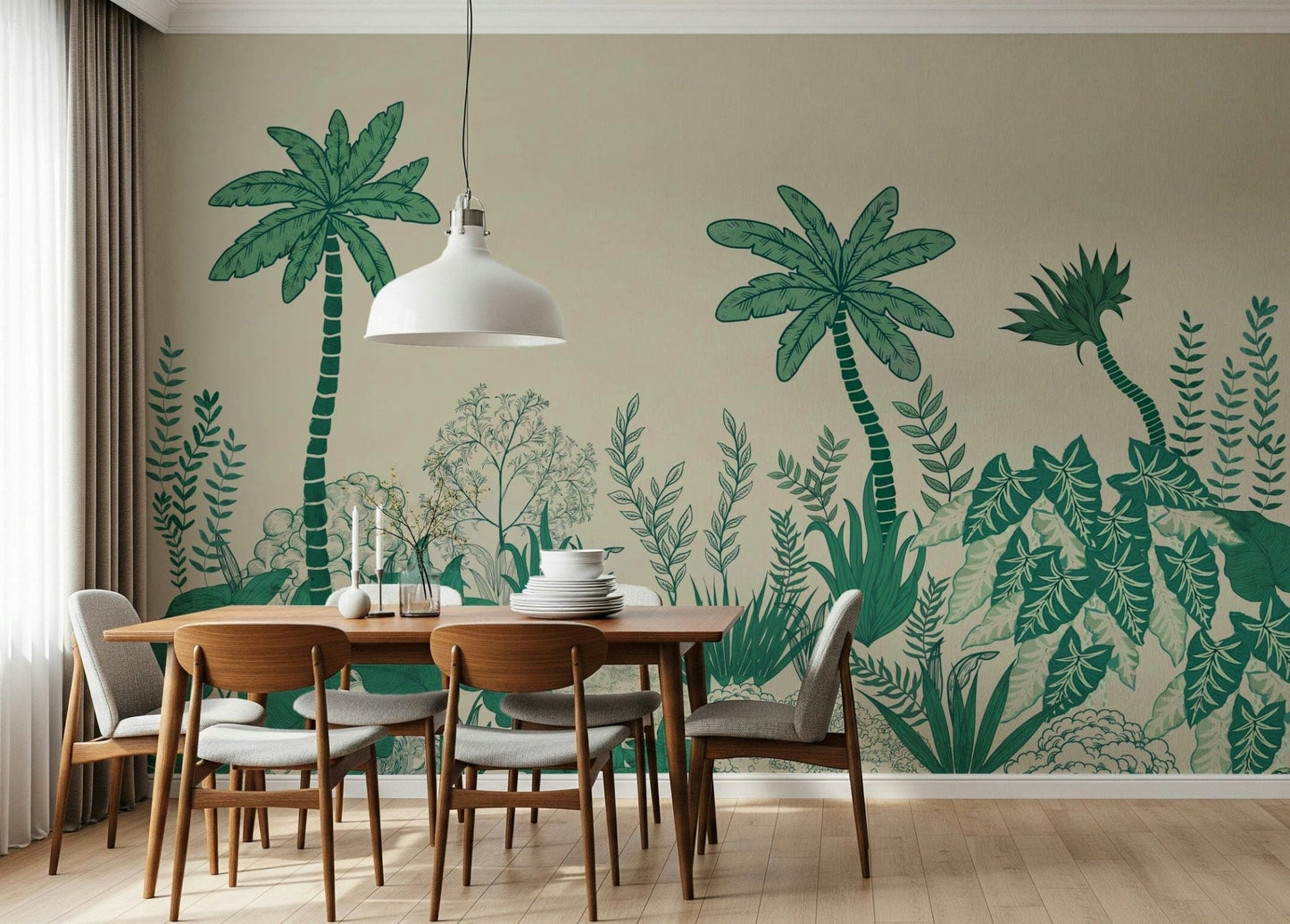 Palm Grove Dreams wallpaper behind a contemporary lounge suite.