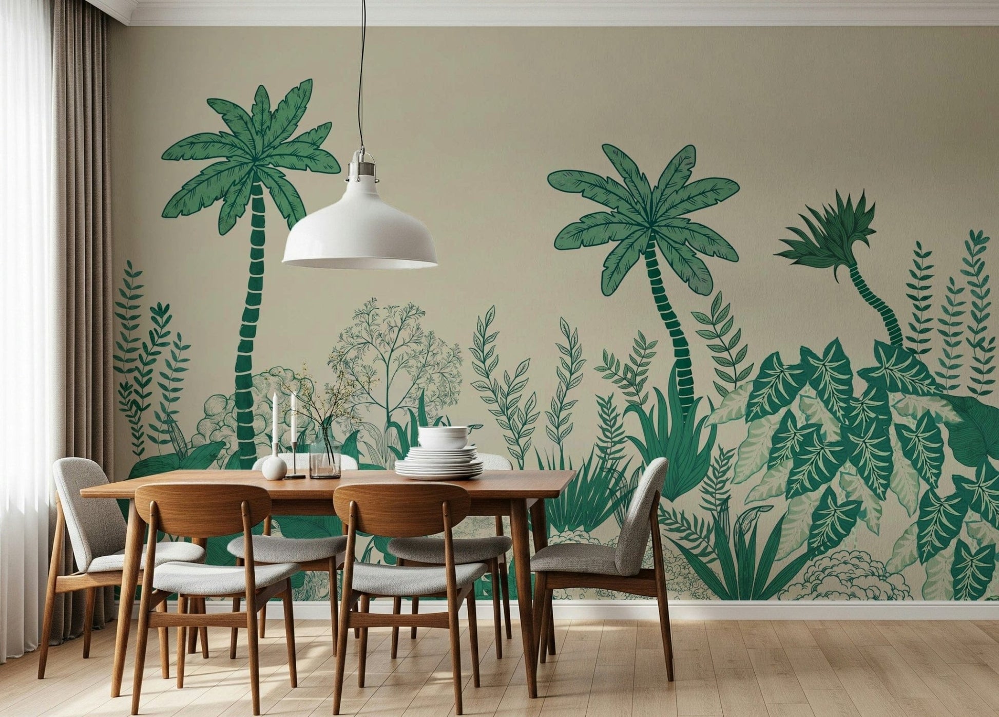 Palm Grove Dreams wallpaper behind a contemporary lounge suite.
