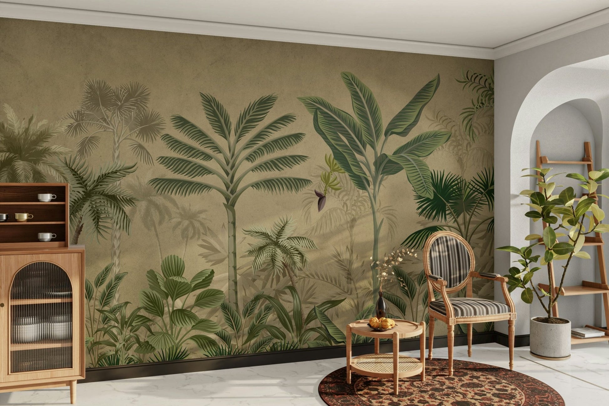 The colors are gentle and lush, with a natural, green and gray palette.

