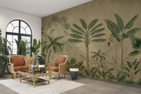 The design features a repeating pattern of soft, delicate palm leaves.


