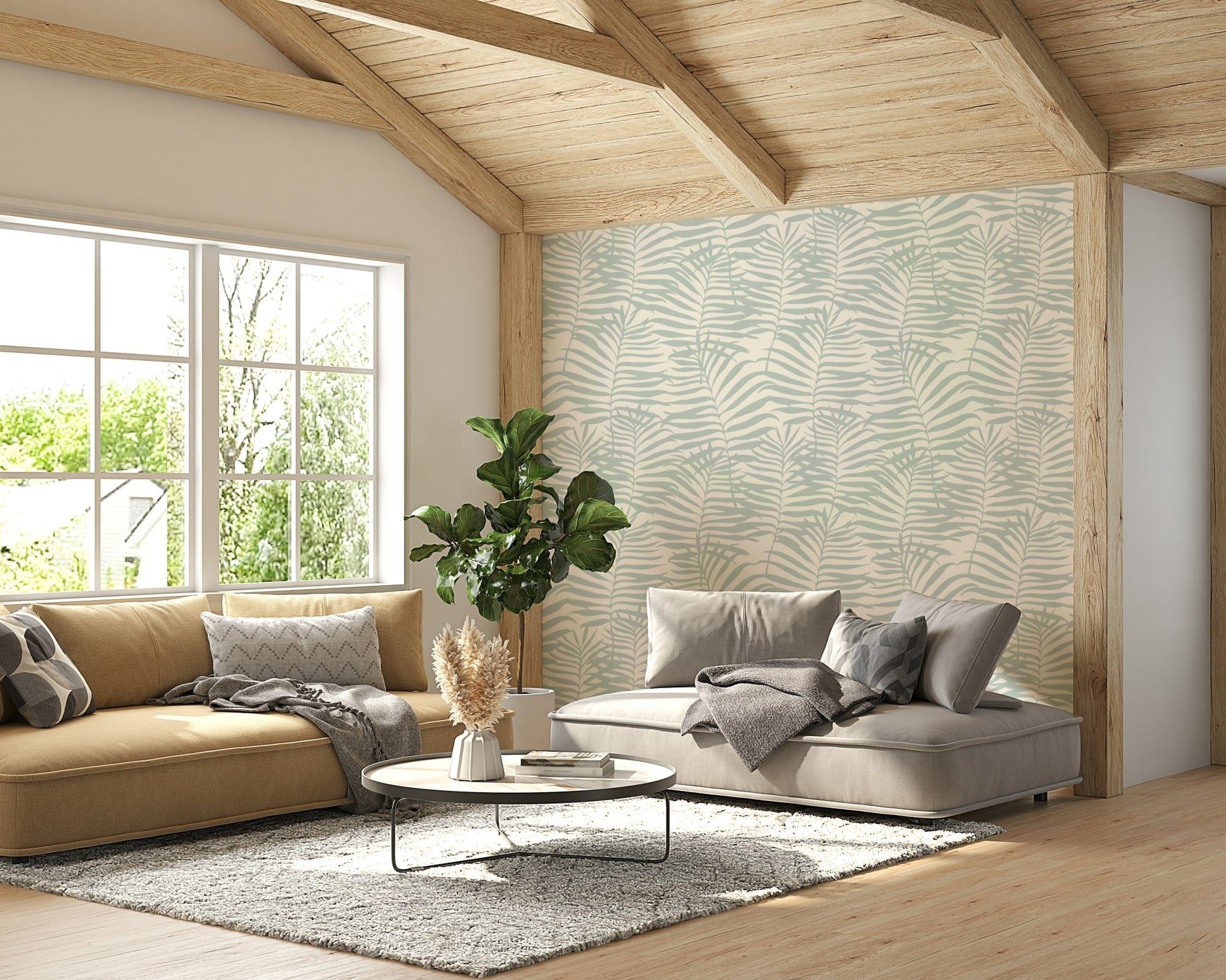 Wallpaper with a simple line art tropical design

