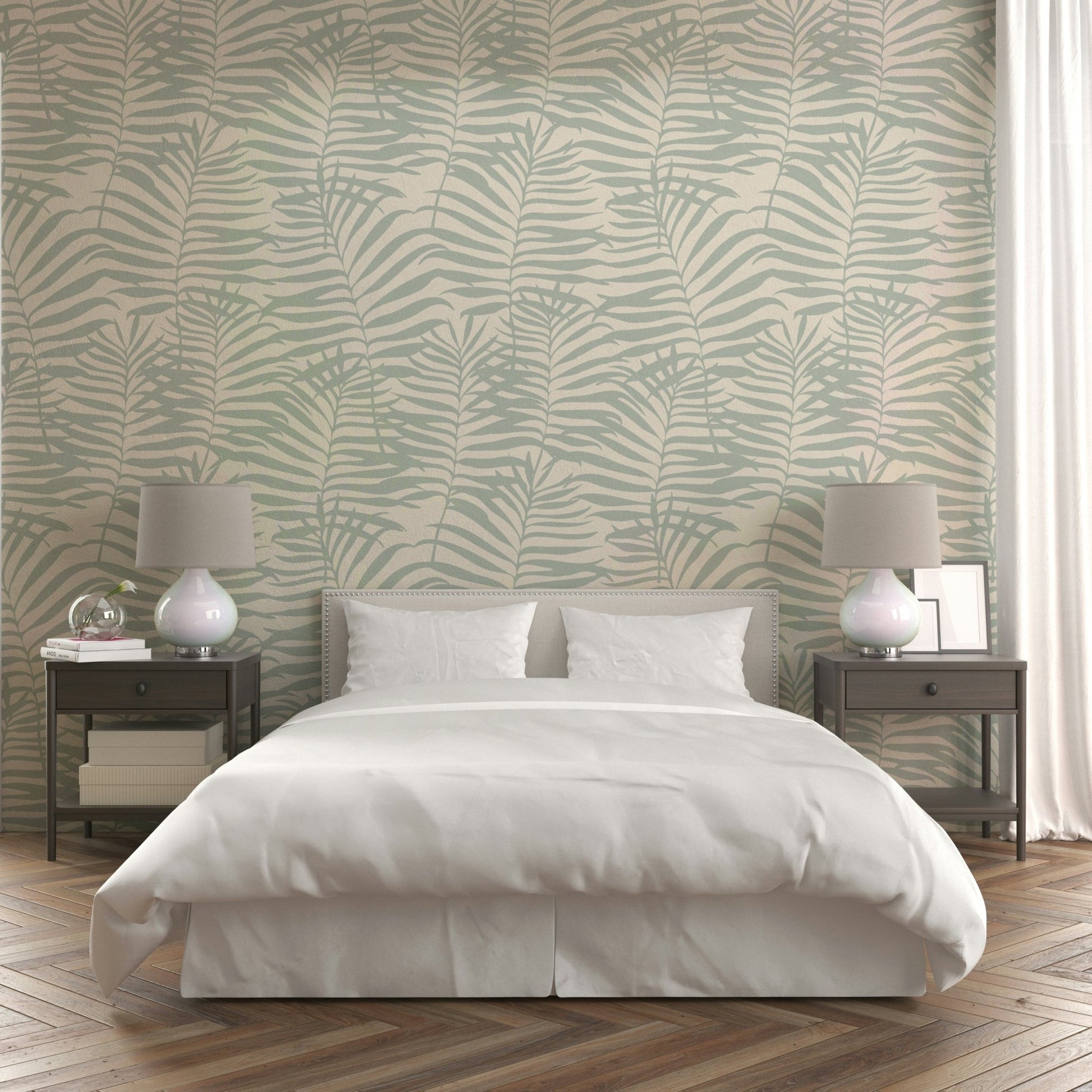 A living room decorated with a palm leaf mural

