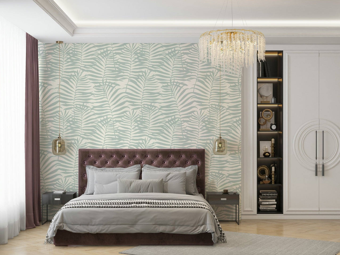 An angled shot of a wall with leaf wallpaper

