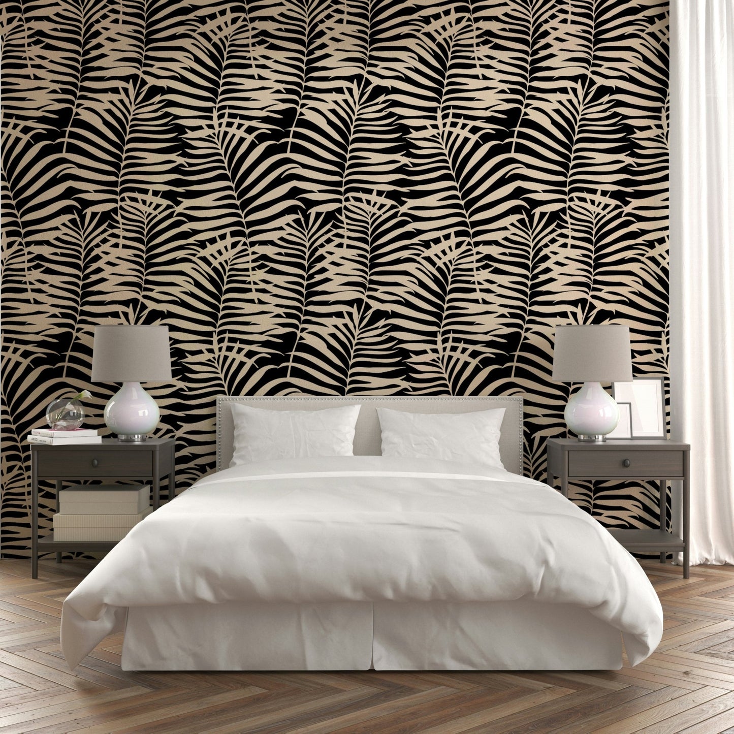 An angled shot of a wall with peaceful wallpaper

